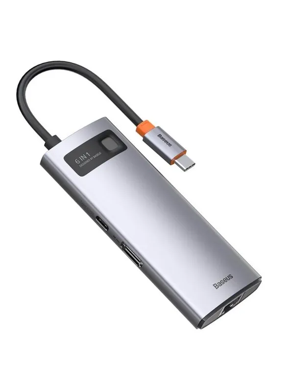 Baseus Hub 6in1 Metal Gleam Series USB-C to 3x USB 3.0 + HDMI + USB-C PD + Ethernet RJ45 USB-hub - USB 3.0 - 6 porter - Grå