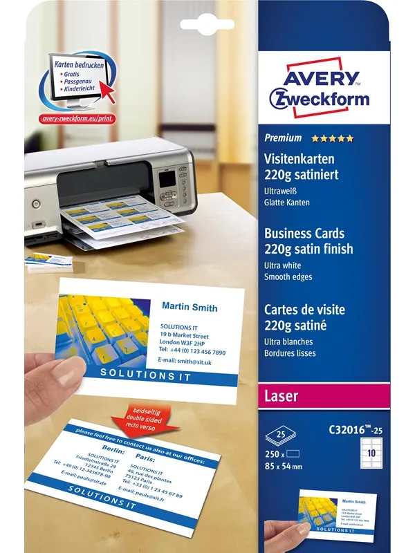 Avery Quick&Clean™ visittkort, premium sateng , Lag og skriv ut selv, 220 g/m², Fargelaserskriver, S/H laserskriver, Kopimaskin