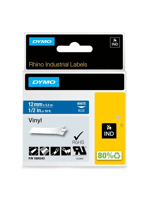 DYMO Rhino industri vinyl tape,12 mm x 5.5 m rull, hvit på blå