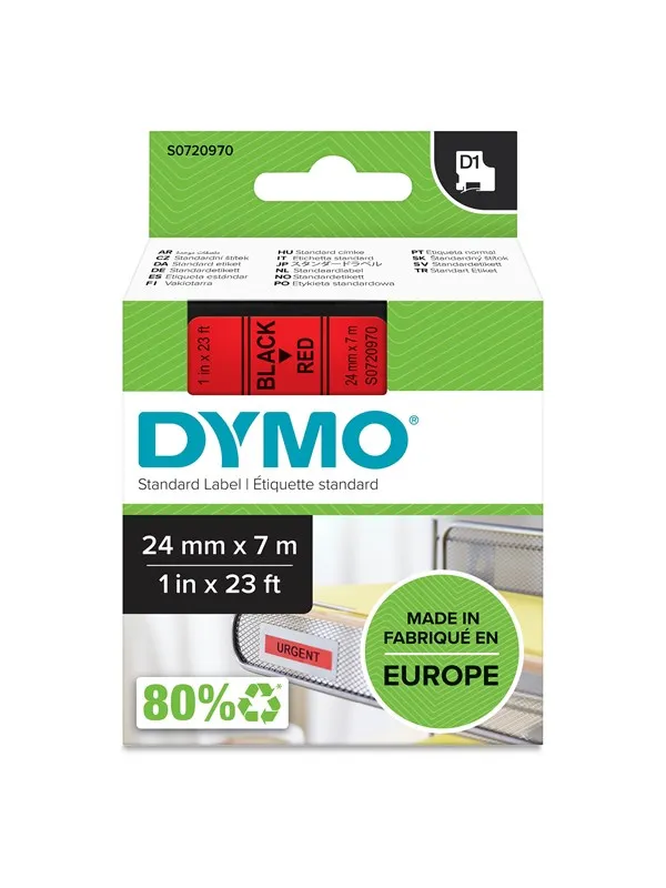 DYMO D1 tape, 24mm x 7m rulle, sort på rød