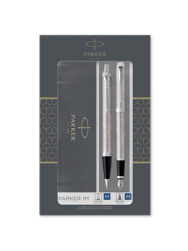 Parker IM Duo Gift Set with Ballpoint Pen &amp; Fountain Pen | Stainless Steel Chrome Trim | Blue Ink Refill &amp; Cartridge | Gift Packaging