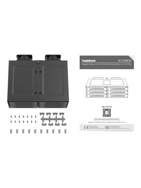 Icy dock ToughArmor MB118VP-B - storage enclosure - 6 x U.2/U.3 NVMe SSD mobile rack for 5.25"â bay with SlimSAS SFF-8654 8i - PCIe 4.0 - PCIe 4.0