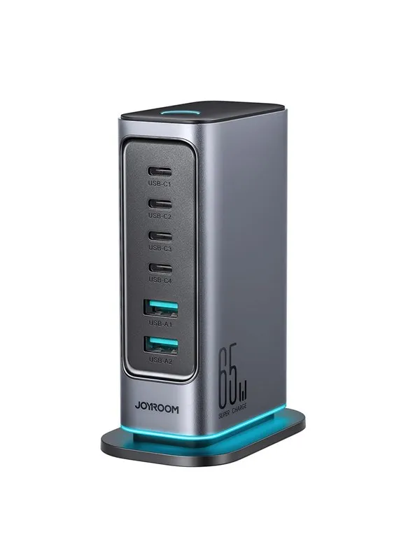 Joyroom R-TCM02 Multiport GaN Charger 65W EU 4x USB-C 2x USB-A - Dark Gray USB-hub - USB 2.0 - 6 porter - Grå