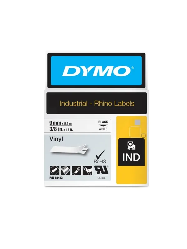 DYMO Rhino industri vinyl tape, 9 mm x 5.5 m rull, sort på hvit