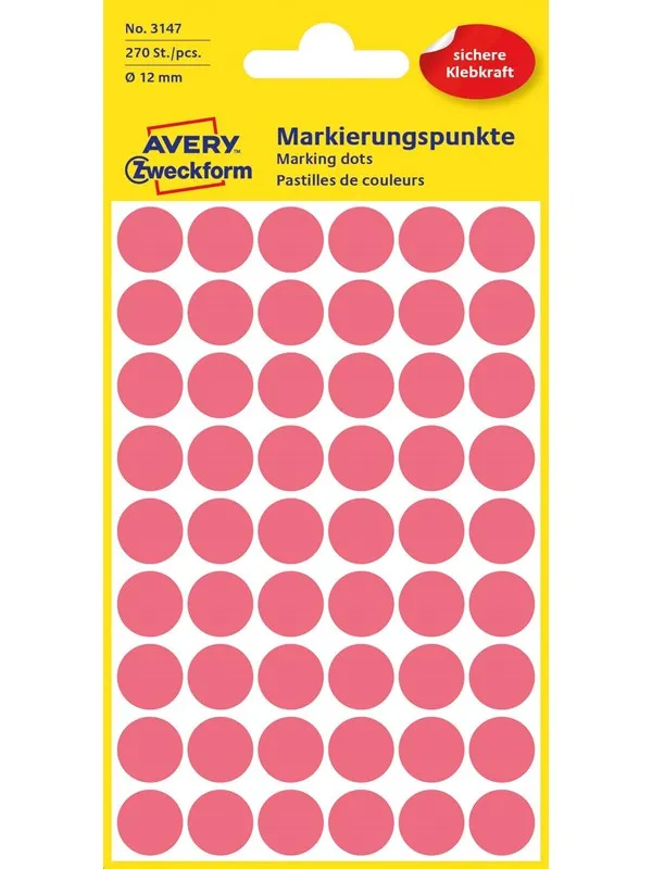 Avery Matriseklistremerker, Ø 12 mm, 270 Etiketter, Neonrød