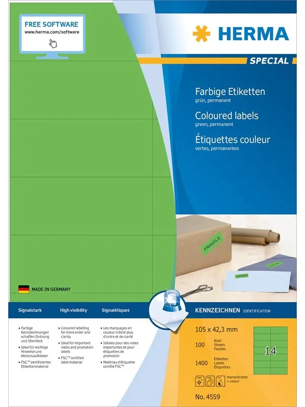 HERMA Coloured labels A4 105 x 42.3 mm green permanent adhesion