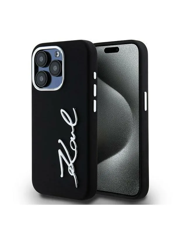 Karl Lagerfeld Silicone Metal Script Logo iPhone 15 Pro Max Case - Black