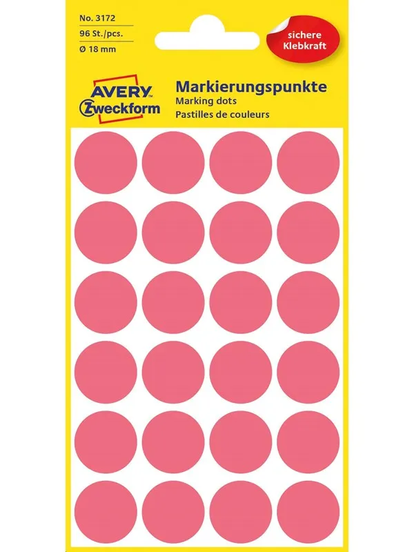 Avery Matriseklistremerker, Ø 18 mm, 96 Etiketter, Lys rød