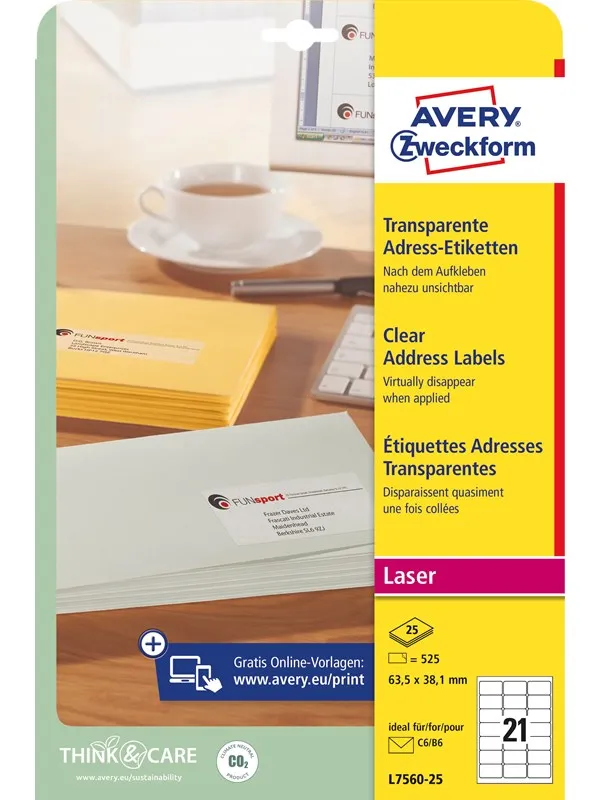 Avery Adresseetiketter, 63,5 x 38,1 mm, 525 Etiketter, Transparent