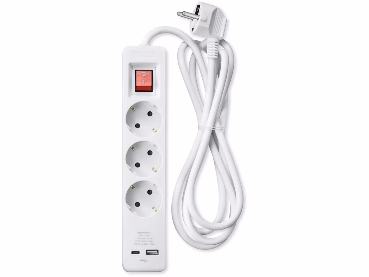 Andersson Strømforgrener 3x uttak og  2x USB 1,5m (hvit)