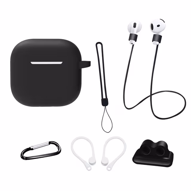 For AirPods 4 6 i 1 tilbehør Veske Stroppholder Ørekroker Halsstropp Nøkkelring - Svart