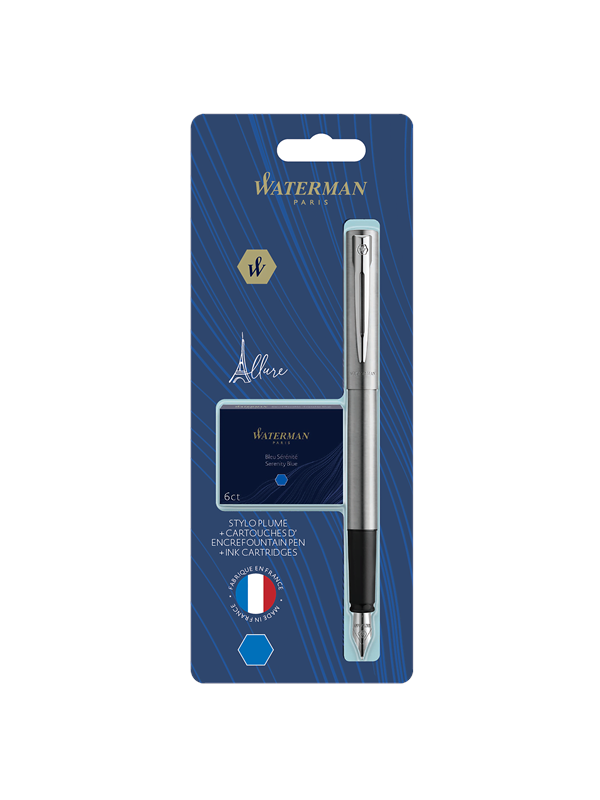 Waterman Allure Stainless Steel Fountain pen F Blue ink + ink refills 6-Pack