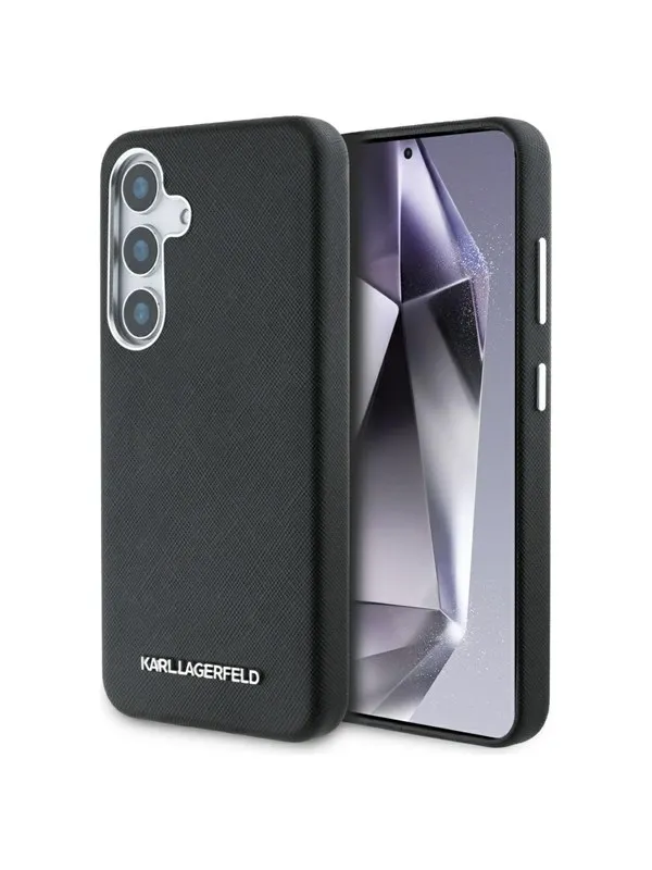 Karl Lagerfeld Saffiano Full Wrapped Elongated Metal Logo MagSafe Case for Samsung Galaxy S25 - Black