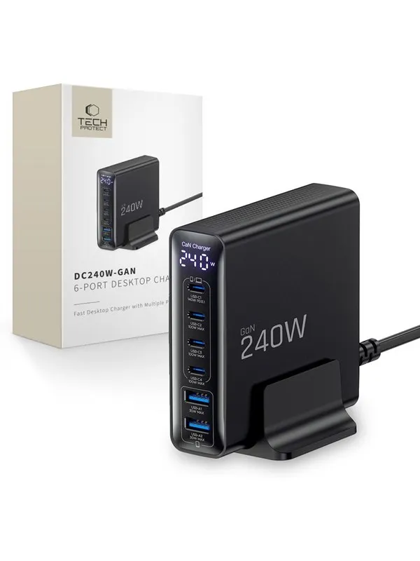Tech-Protect DC240W-GaN Charging Station 6 Ports 4 x USB-C 2 x USB-A 240W QC3.0 - Black USB-hub - USB 3.0 - 6 porter - Svart