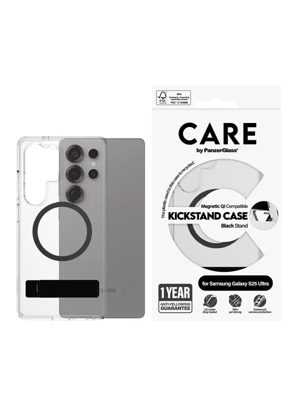CARE by PanzerGlass Feature Case Transparent w. Black Kickstand & QI Compatible Samsung Galaxy S25 Ultra