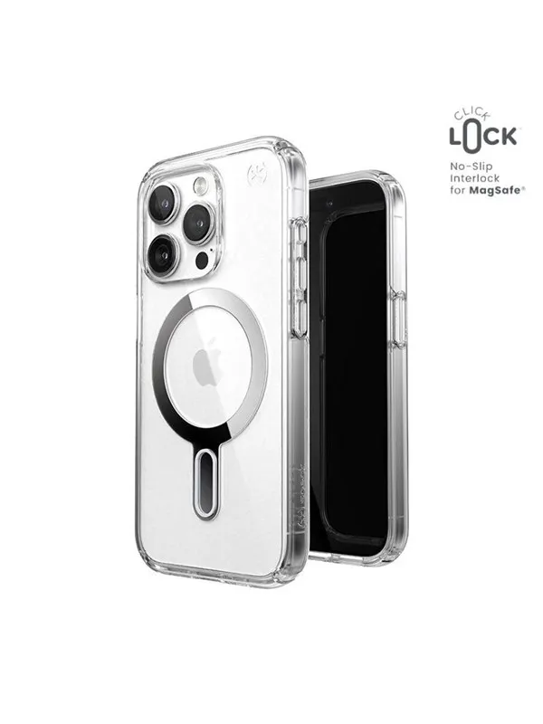 Speck Presidio Perfect-Clear ClickLock & Magsafe - iPhone 15 Pro Case - Clear / Chrome Finish / Serene Silver