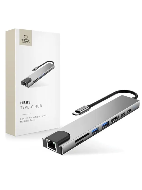 Tech-Protect USB Hub HB09 8in1 TYPE-C + USB-A 3.0 + USB-C 3.0 + HDMI 4K 60HZ + SD/TF + PD100W + RJ45 1000 MB/S - Grey USB-hub - USB 3.0 - 8 porter - Grå