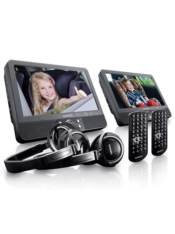 Lenco DVP-939 - 2x9" Portable DVD player with USB SD integrated battery 2x headphones and 2x bracket - Black