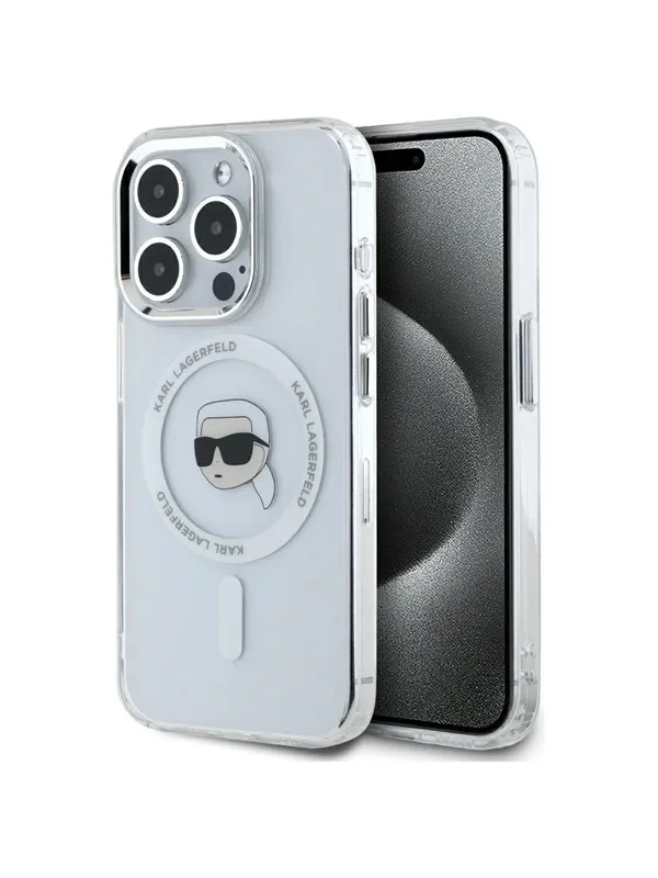Karl Lagerfeld IML Metal Karl Head MagSafe Case for iPhone 15 Pro White