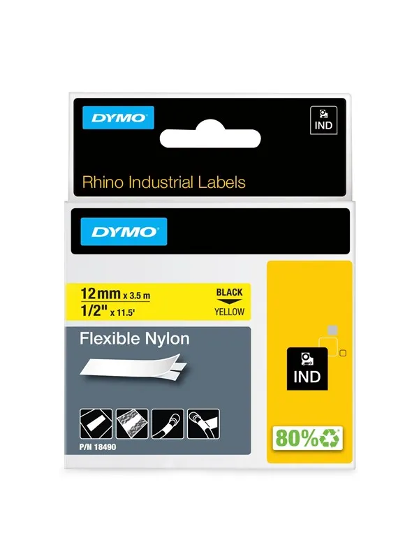 DYMO Dymo Rhino fleksibel nylon, 12 mm x 3.5 m - sort på gul