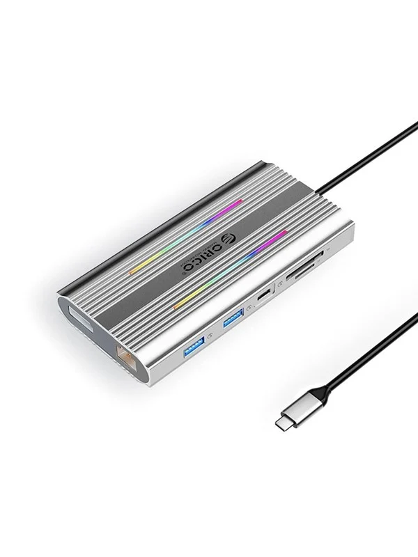 ORICO XDR 12in1 RGB USB-C Docking Station USB-A USB-C 2x HDMI 4K 60 Hz DisplayPort 4K 60 Hz RJ45 Gigabit PD 100W SD and microSD Card Reader - Silver USB-hub - USB 3.1 - 12 porter - Grå