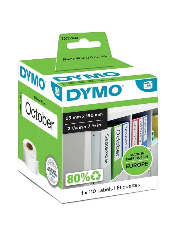 DYMO LW multifunksjonelle/brevordner etiketter, 59mm x 190mm, ruller med 110 stk.