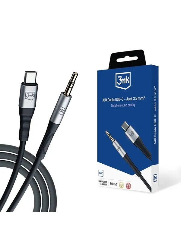 3mk AUX minijack 3.5 mm / USB-C cable - silver