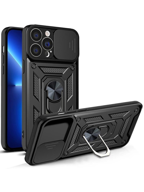 Hurtel Hybrid Armor Camshield Case for iPhone 13 Pro Armored Case with Camera Cover Black