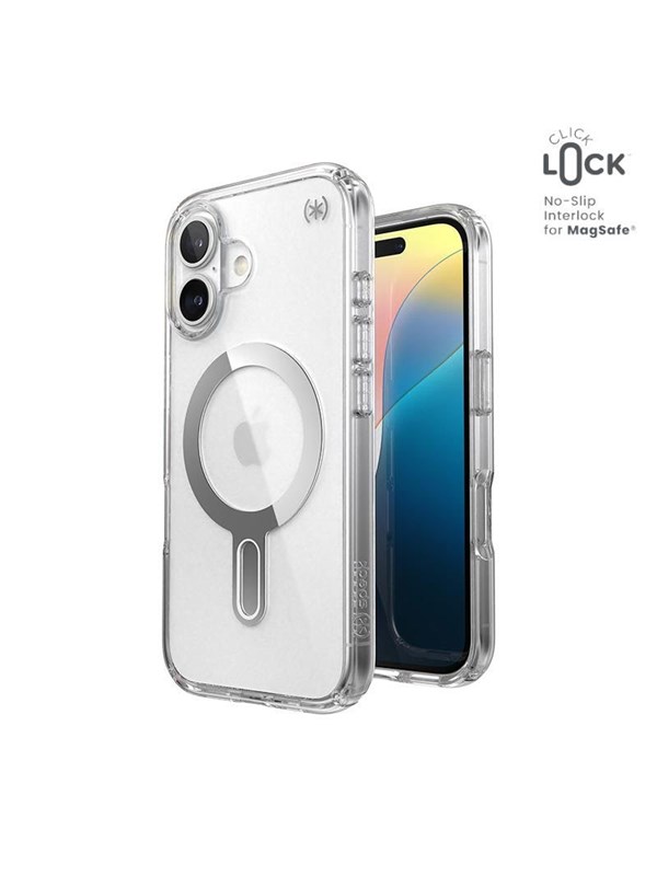 Speck Presidio Perfect-Clear ClickLock &amp; MagSafe - iPhone 16 Case - Clear / Chrome Finish / Serene Silver