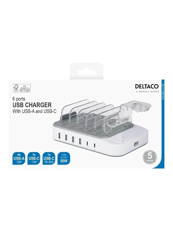 Deltaco DPS-0203 charging station - 4 x USB 2 x USB-C - 50 Watt
