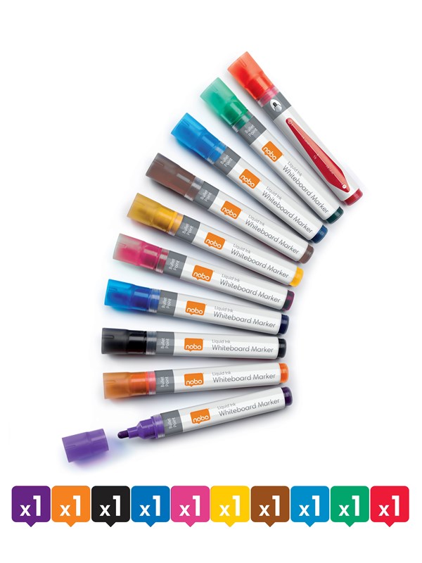 Nobo  flytende blekk whiteboardpenner, rund tupp, pakke med 10 stk. Assortert