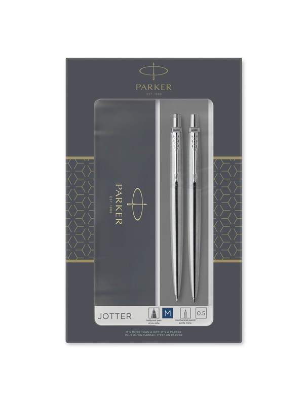 Parker Jotter Duo Gift Set with Ballpoint Pen &amp; Mechanical Pencil (0.5mm) | Stainless Steel with Chrome Trim | Blue Ink Refill