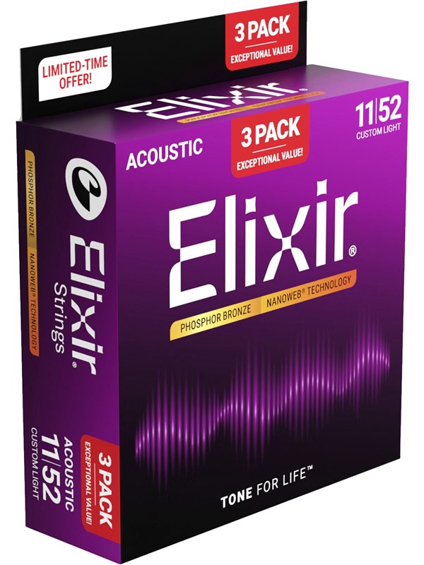 Elixir Strings 16568 - Phosphor Bronze - Akustiske strenger - Nanoweb - Custom Light (11-52) - 3-pakning