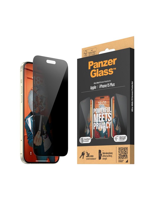 PanzerGlass Privacy Screen Protector iPhone 15 Plus | Ultra-Wide Fit w. EasyAligner
