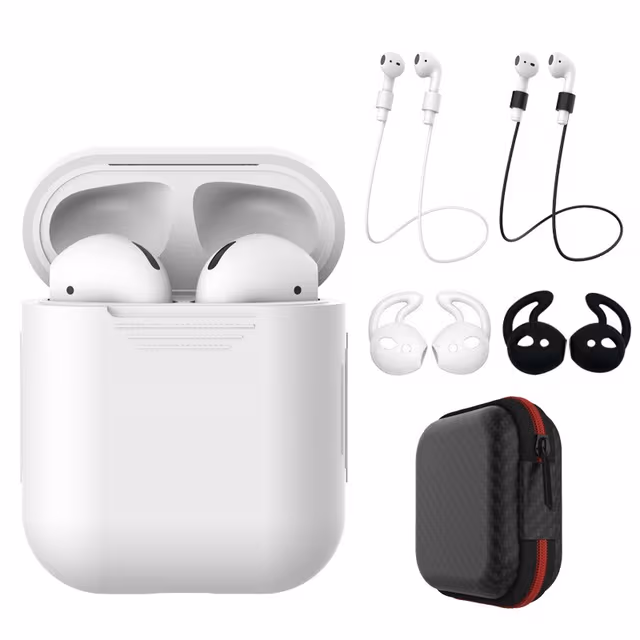 Kompatibelt med Airpods Hodesettbeskyttelse 6-delt Sett med Silikon, Støt- og Ripebestandig, Inkluderer Anti-Tap Snor og Oppbevaringspose Hvit