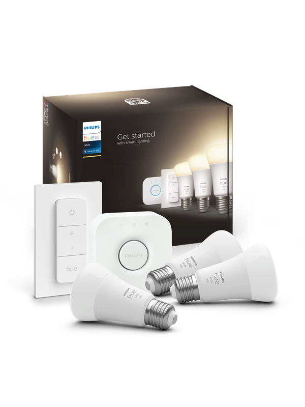Philips Hue White startsett - 3x E27 A60-pærer + dimmerbryter + Hue Bridge