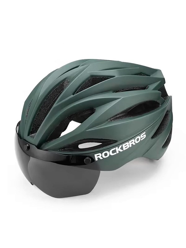 Rockbros Bike Helmet with Visor Detachable UV Protective Goggles Unisex - Green