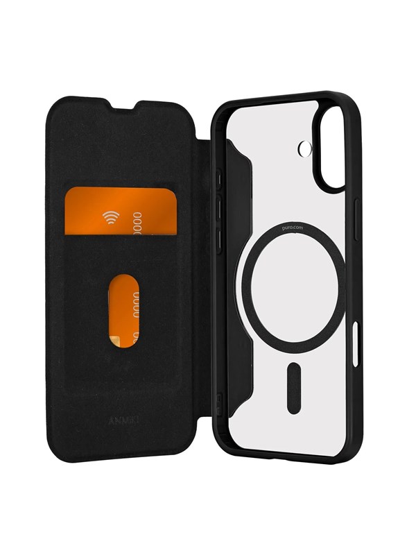 Puro Book Mag MagSafe Leather Case with Flap and Card Slot for iPhone 16 Plus - Black