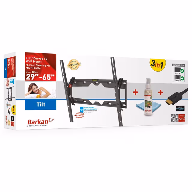 Barkan 3-i-1-kombinasjon: Flat/buet TV-veggfeste + skjermrenser + HDMI-kabel CM310+ veggfeste, tilt, 29-65 ", maks vekt (kapasitet) 50 kg, svart