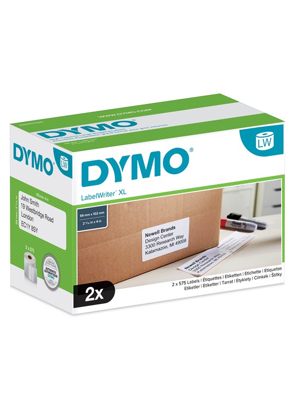 DYMO LabelWriter 102mm x 59 mm høykapasitet stor forsendelsesetikett (hvit), 2 ruller x 575 stk