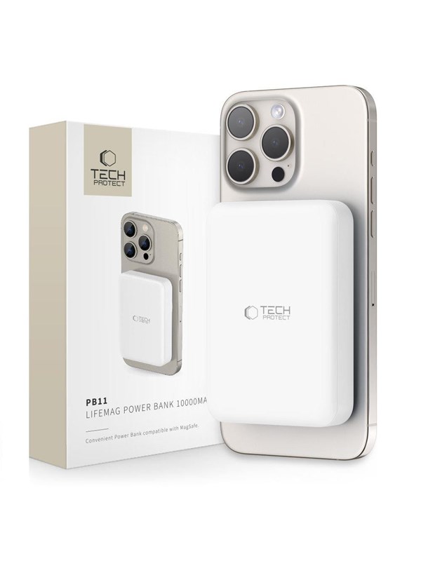 Tech-Protect LifeMag PB11 Power Bank with MagSafe 10000mAh 15W USB-C Port - White + USB-C Cable Nødlader - Hvit - 10000 mAh