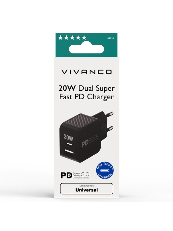 Vivanco Fast 1xUSB-C PD/ USB-A Home Charger 20W Black