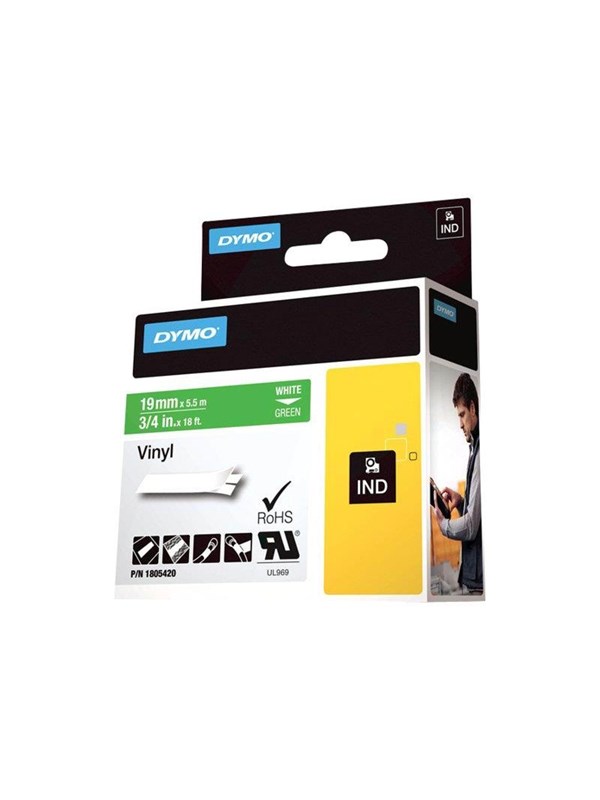 DYMO Rhino industri vinyl tape,19 mm x 5.5 m rull, hvit på grønn
