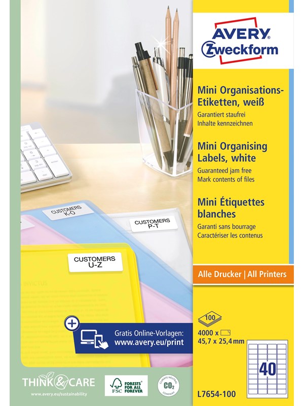 Avery Minietiketter , Jam Free™-garanti, 45,7 x 25,4 mm, Alle skrivertyper