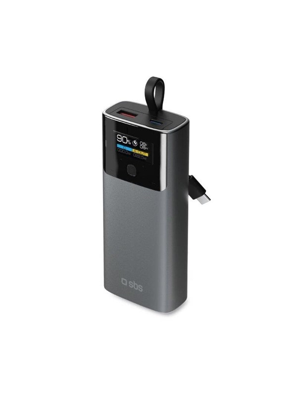 SBS 10000mAh PD 20W Powerbank with LCD Display and Built-in USB-C Cable - Gray Nødlader - Svart - 10000 mAh
