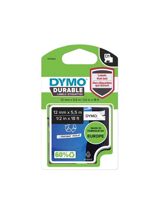 DYMO D1® High Performance / Durable tape, 12mm x 5,5m rull, sort på hvit