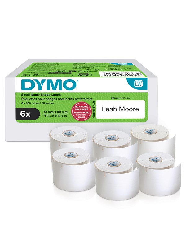 DYMO Authentic LabelWriter Small Name Badge Labels | 41 mm x 89 mm | Self-Adhesive | 6 Rolls of 300 Easy-Peel Labels (1.800 Count) | for LabelWriter Label Makers | Made in Europe