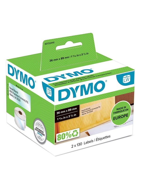 DYMO LW store adresseetiketter, 36mm x 89mm, sort på klar, 1 rulle med 260 stk.