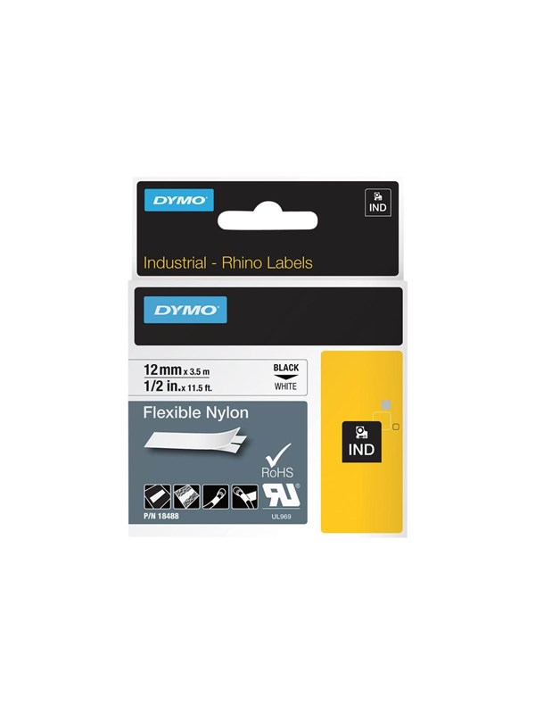 DYMO Rhino fleksibel nylon, 12mm x 3,5m, sort på hvit