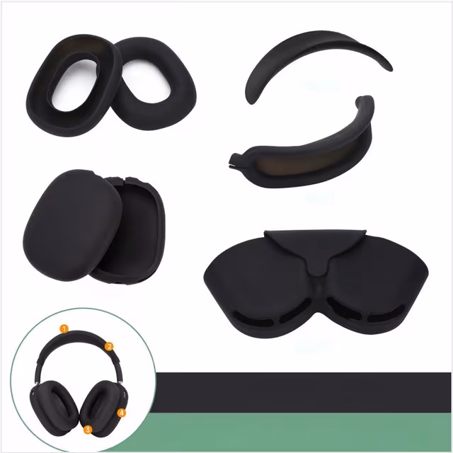 AirPods Max 5-i-1 Silikon Beskyttelsessett: Hodebånd, Bøyle, Ørekopper, Skall og Oppbevaringsveske - Kompatibelt med Apple AirPods Max Sort